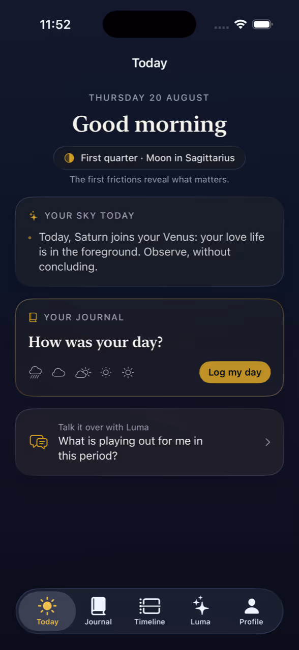 Luma's Today screen: moon phase, daily sky insight and journal card on a night-blue background